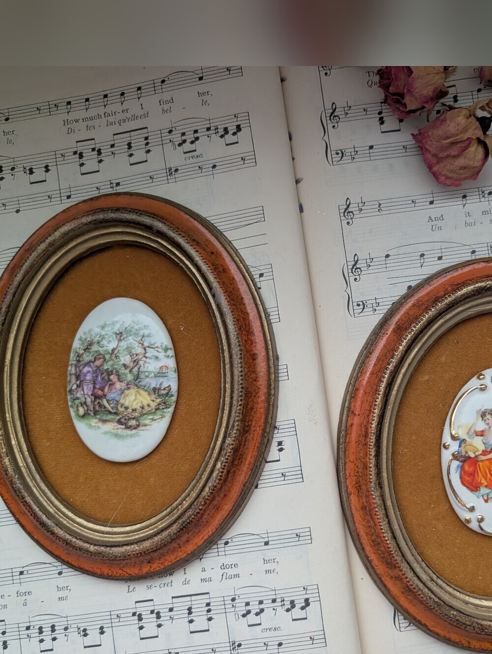 Pair of Vintage Porcelain Plaque Wall Frames in Orange and Gold